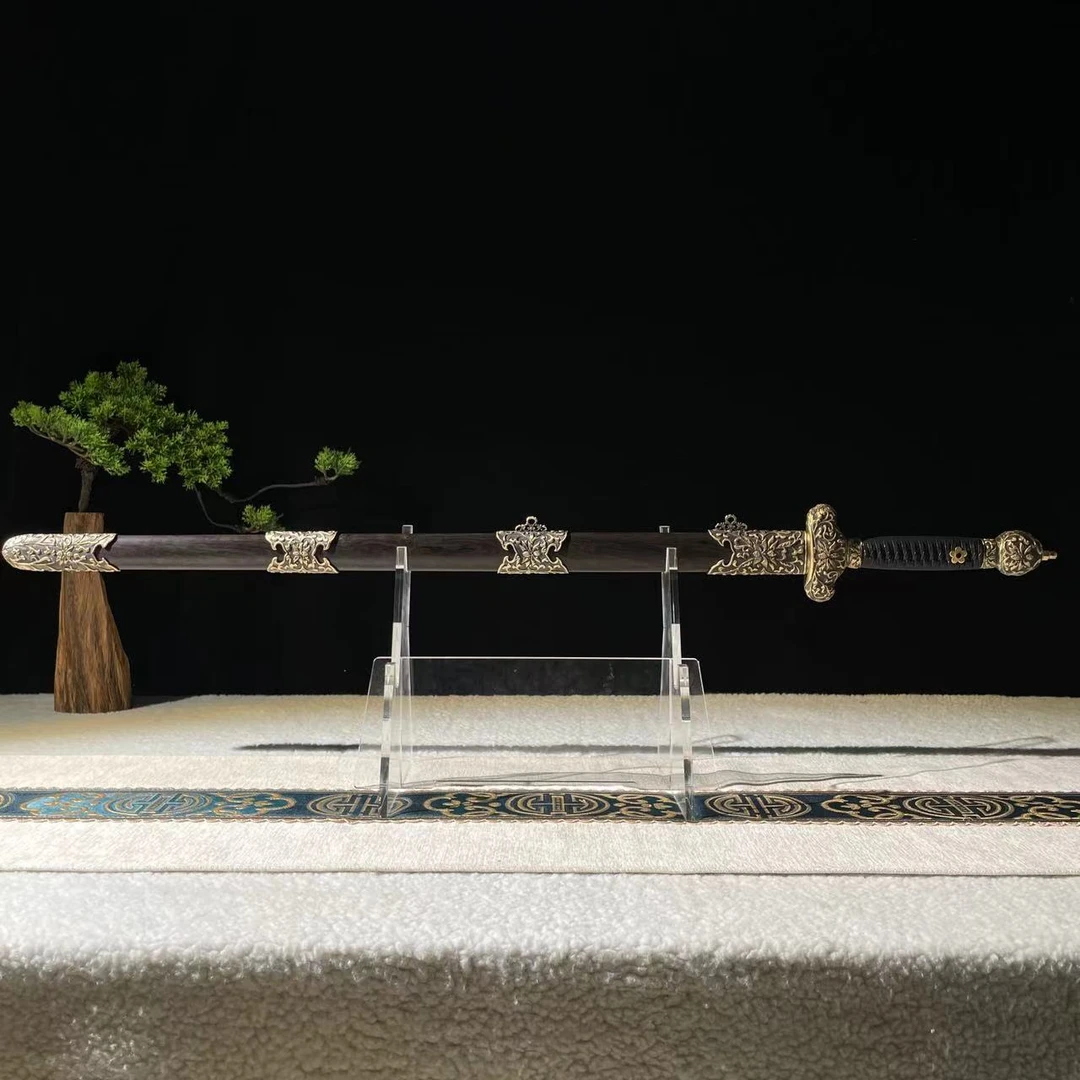 【贯宵剑】太极剑 黄铜装失蜡法黑檀木鞘百炼花纹钢练习剑 未开刃