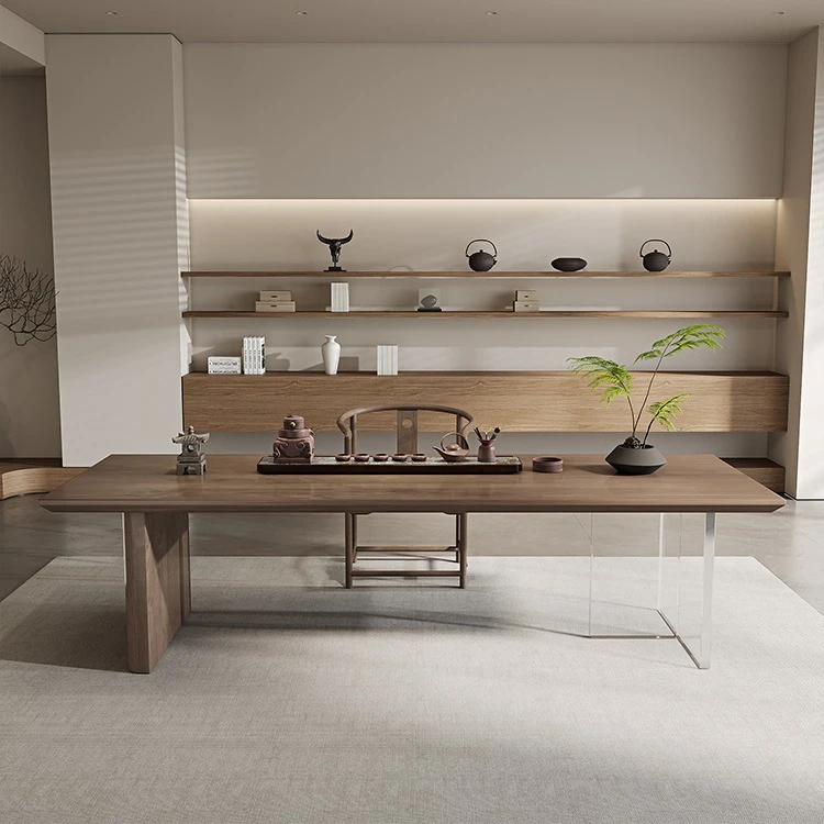 原木大板侘寂风实木茶几亚克力创意设计悬浮泡茶桌现代简约会客桌