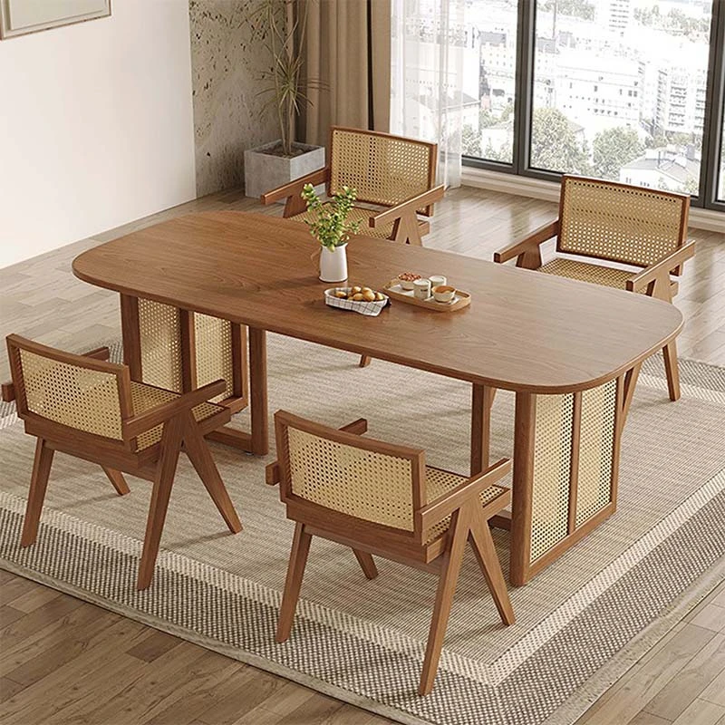 北欧实木藤编餐桌椅组合小户型家用茶桌餐厅侘寂风民宿长方形饭桌