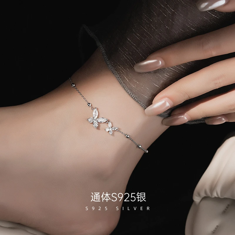 925银合成锆石脚链 银饰2025新款网红小众高级感高档女款蝴蝶足链