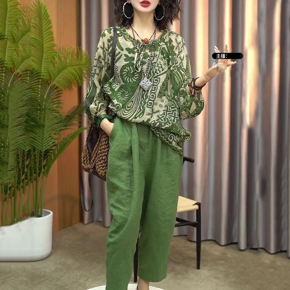 夏季新款宽松气质印花上衣九分裤显瘦时尚大码休闲洋气套装两件套