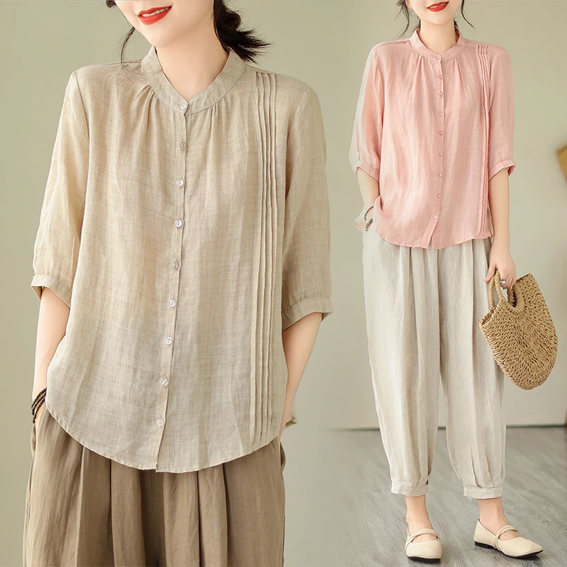 大码时尚衬衣九分裤套装通勤宽松百搭显瘦夏季薄款棉质两件套女装