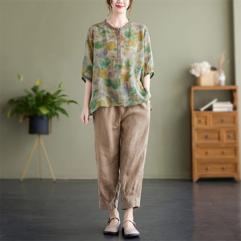 夏季新款棉短袖上衣九分裤大码女装休闲宽松中年妈妈装套装两件套