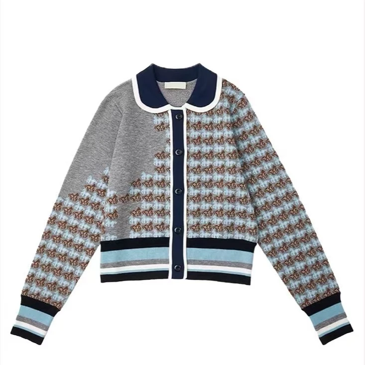 POGU-R  秋冬新品100%羊毛小木马拼色复古提花针织衫毛衣AWKS-1