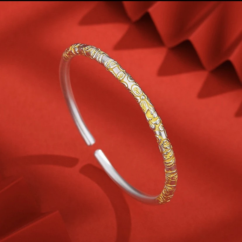 湘云 足银手镯 999.9古法描金樱花手镯实心银手镯女款约28克气质