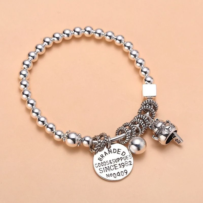 足银手链 复古招财猫手链女纯银圆牌手工设计百搭手串