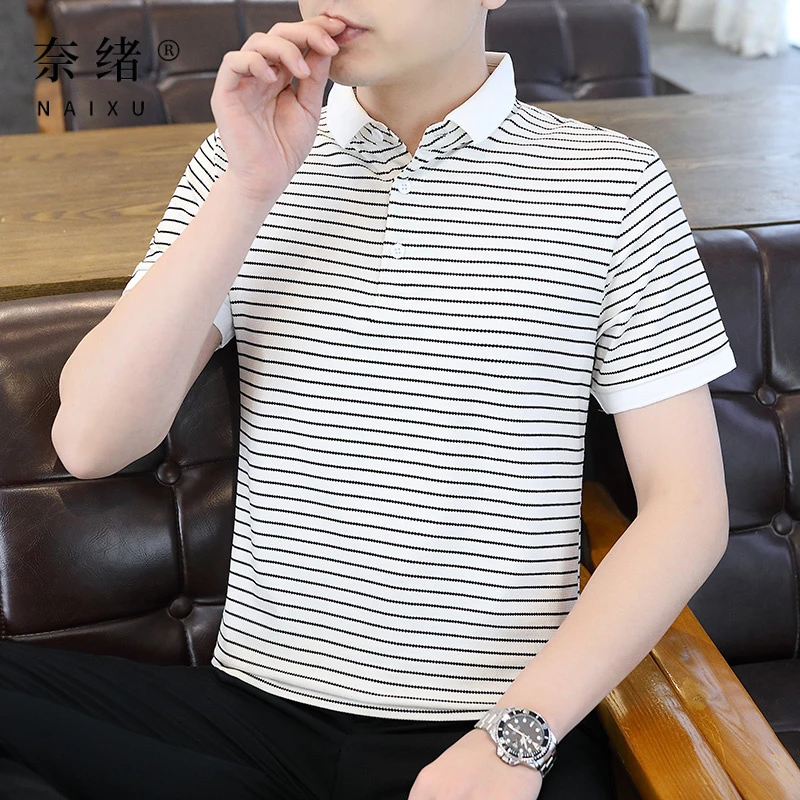 奈绪男士短袖polo衫条纹休闲上衣男翻领高级感薄款时尚潮流男装