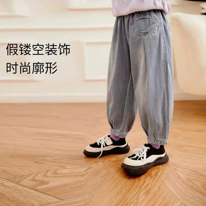 安奈儿女中大童装牛仔九分裤2023秋季新款宽松假镂空甜酷束脚长裤