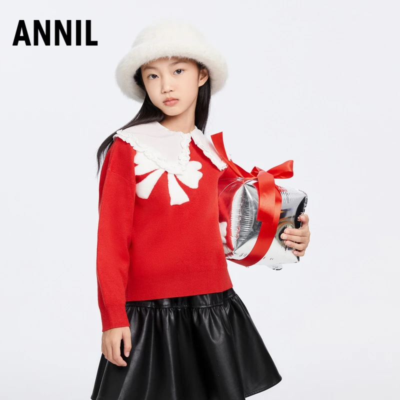 ANNIL/安奈儿女童圆领针织毛衣2023冬季新款保暖洋气打底上衣软萌