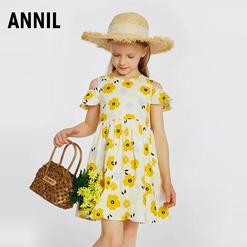 安奈儿女童装梭织圆领短袖连衣裙2024夏季新款精梳纯棉公主裙甜美