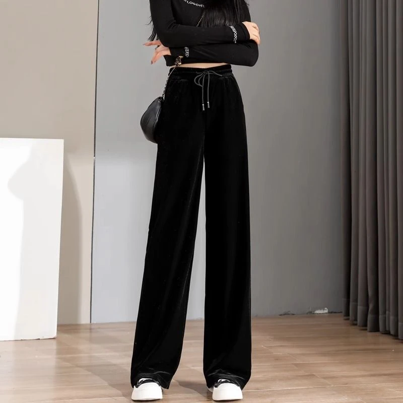 金丝绒阔腿裤女加绒高级感垂感丝绒女裤子2023秋冬高腰直筒裤大码