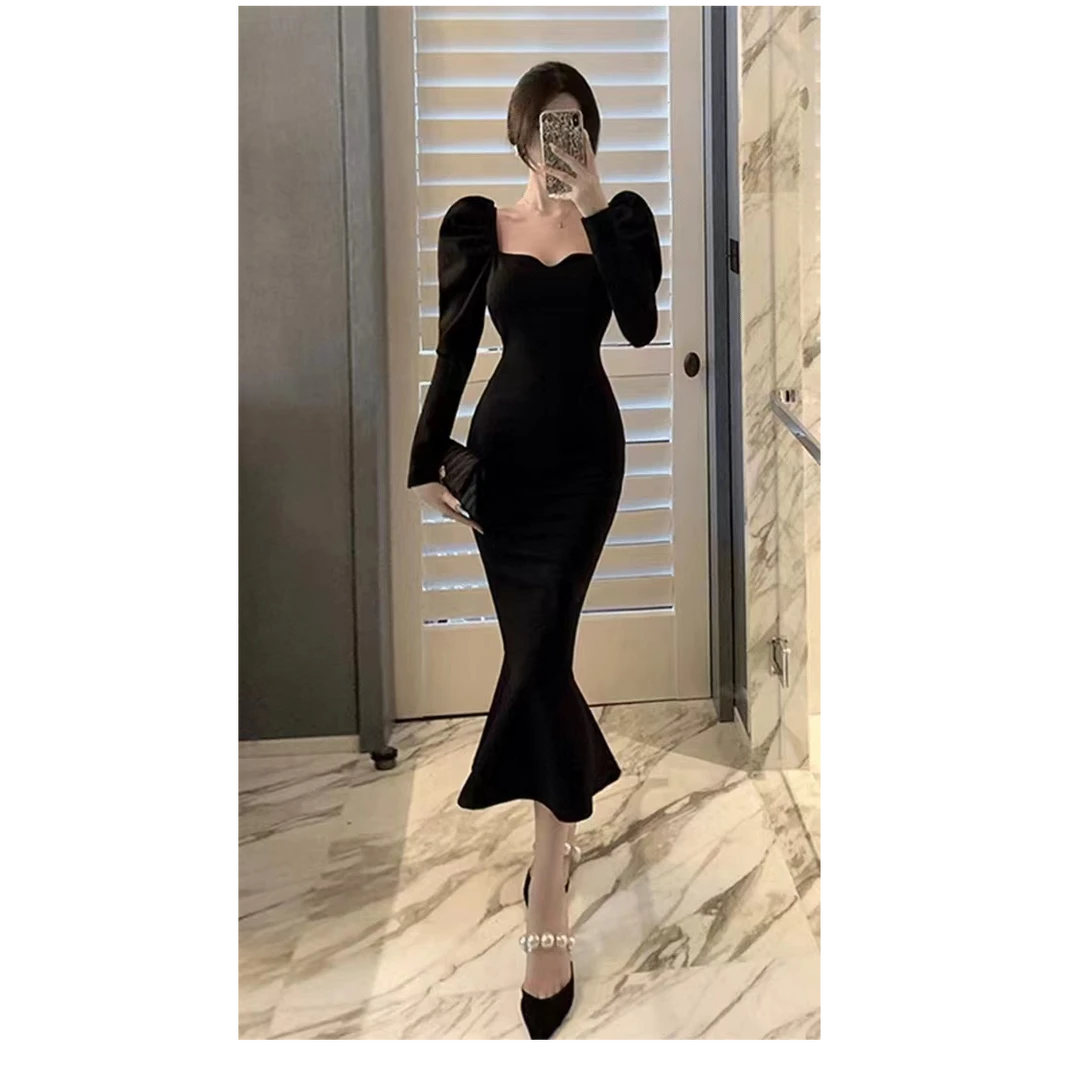 秋款黑色气质连衣裙开叉连衣裙收腰