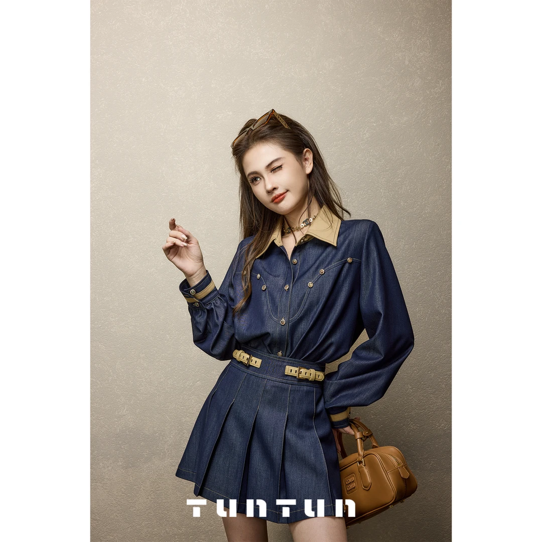 吞吞TUNT【致青春】少女的活力 减龄感后腰松紧压褶短裙