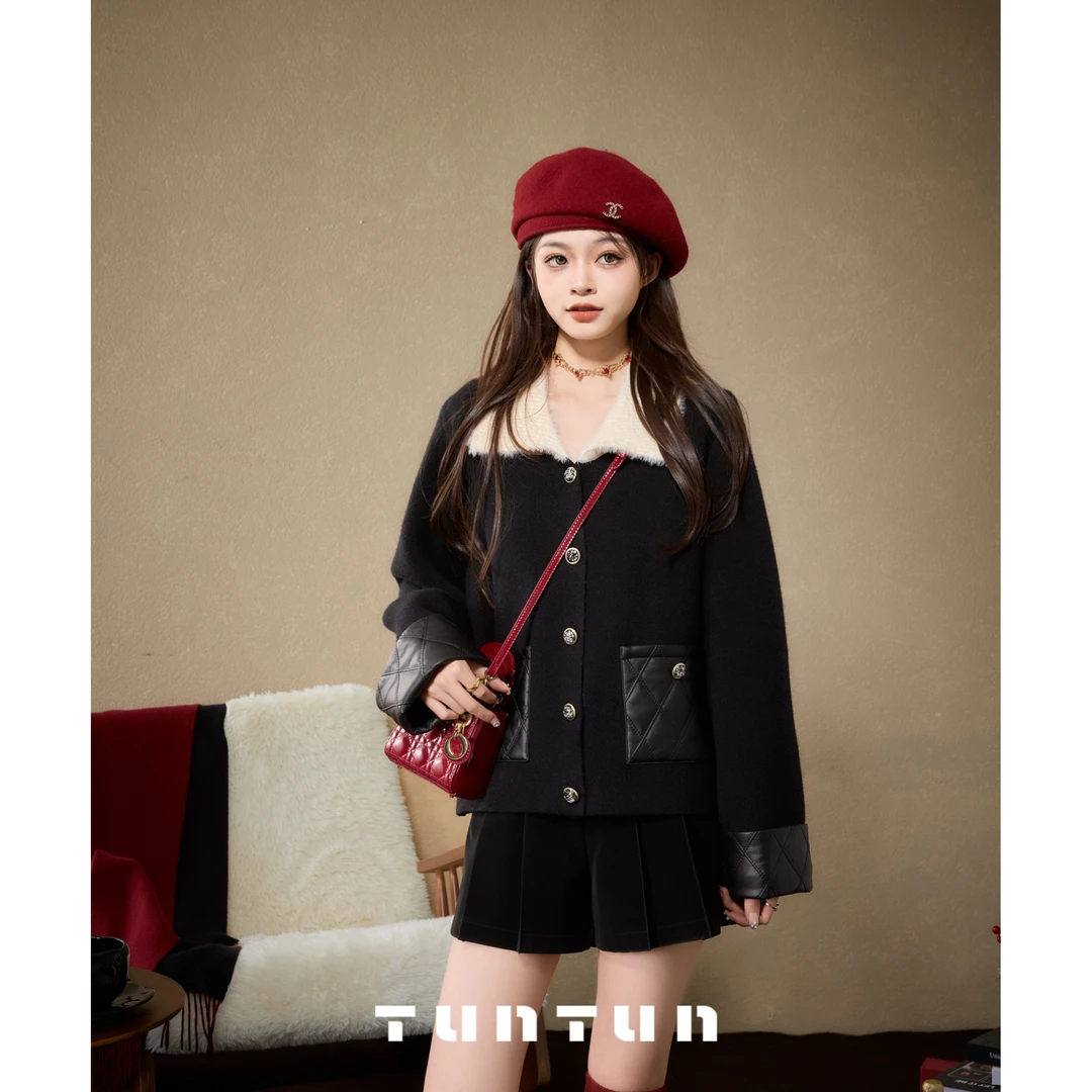 吞吞TUNT【罗马梦】俏皮千金 黑白小香风翻领菱格毛衣