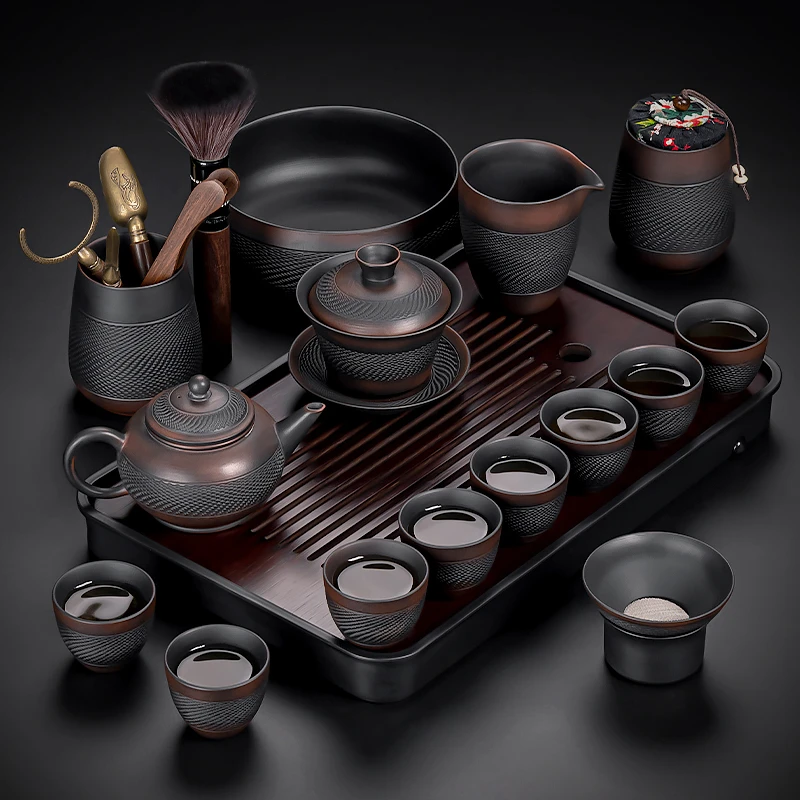 紫陶功夫茶具套装家用高档轻奢陶瓷紫砂泡茶壶盖碗茶盘茶杯礼盒装