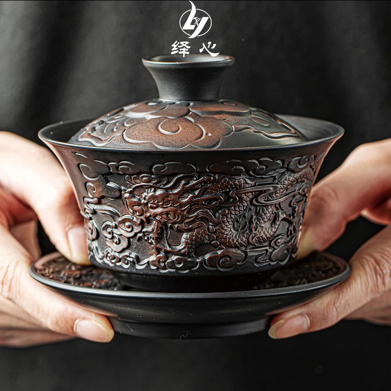 绎心高档紫陶三才盖碗手工雕刻家用大号复古中式功夫茶具泡茶盖杯