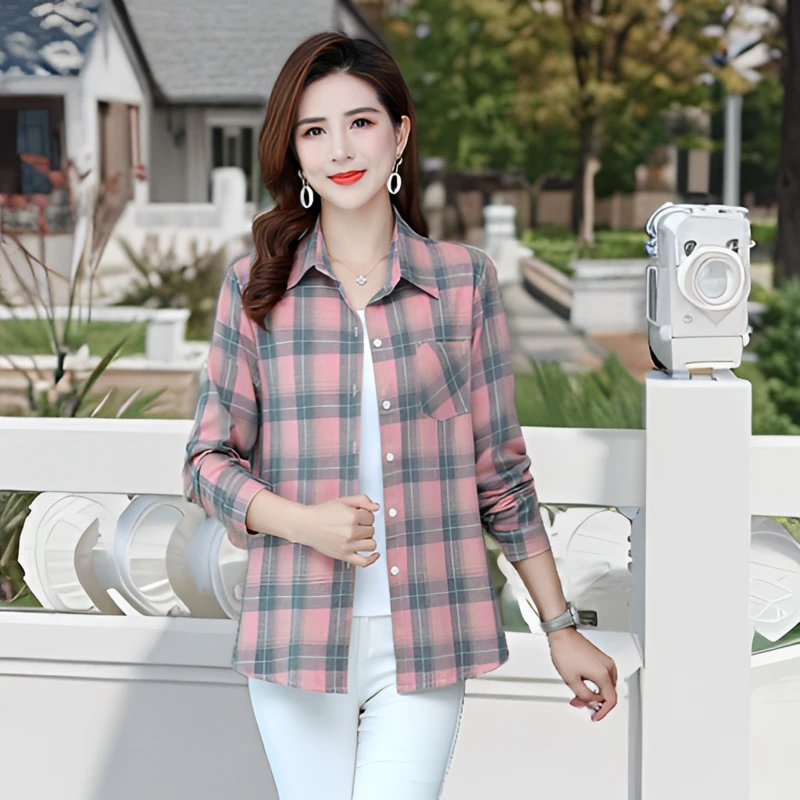 长袖上衣时尚大码薄款衬衣中老年女装春秋全棉格子妈妈纯棉衬衫女