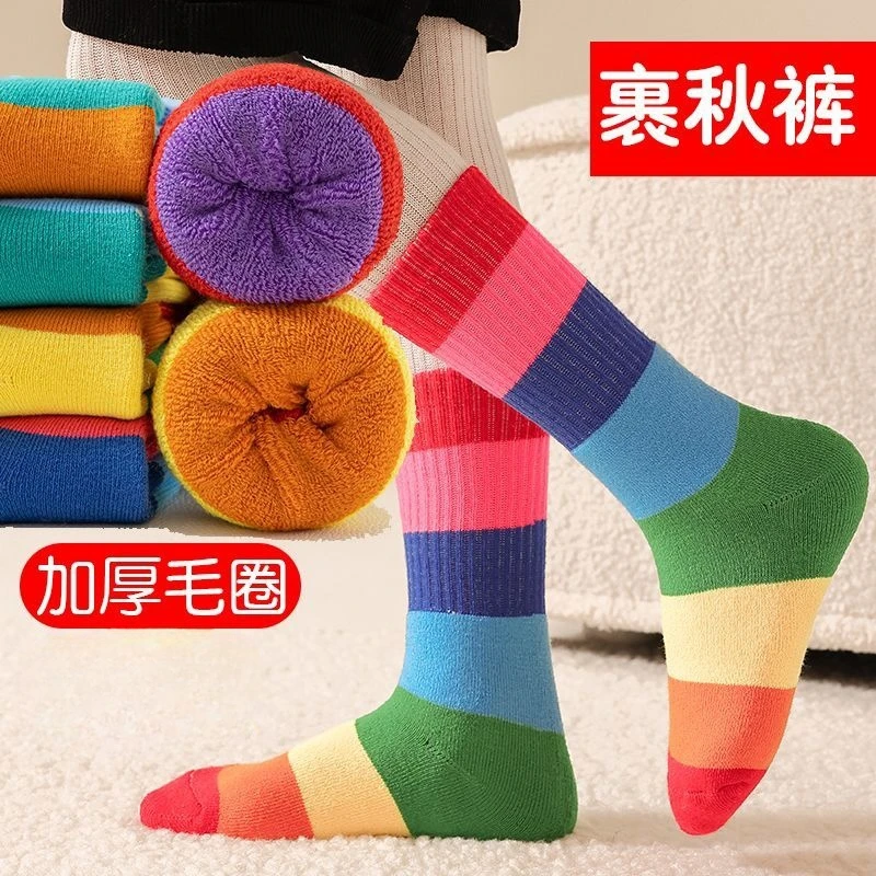 女童冬袜长筒袜女童袜子秋冬季加厚毛圈中筒加绒棉袜潮袜儿童袜子