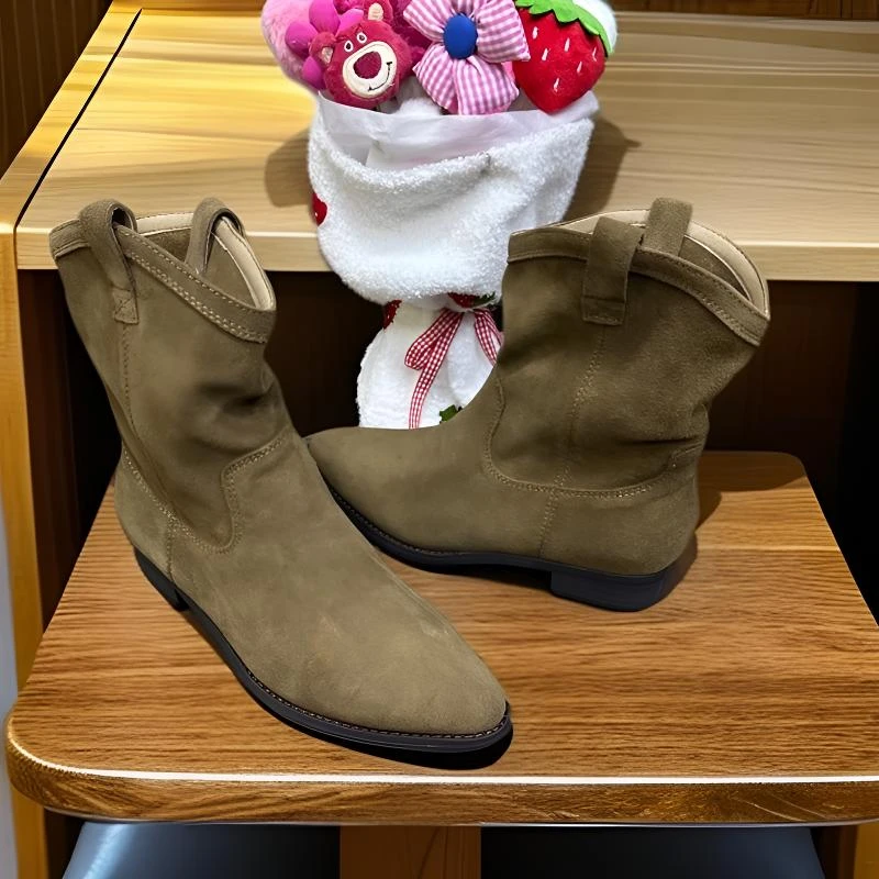 女款西部靴短靴秋款经典百搭个性尖头翻毛皮卡其色气质