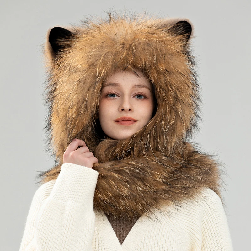 【狐狸毛带耳围巾帽】狐狸风雪帽保暖舒适可爱护耳时尚百搭甜美可爱