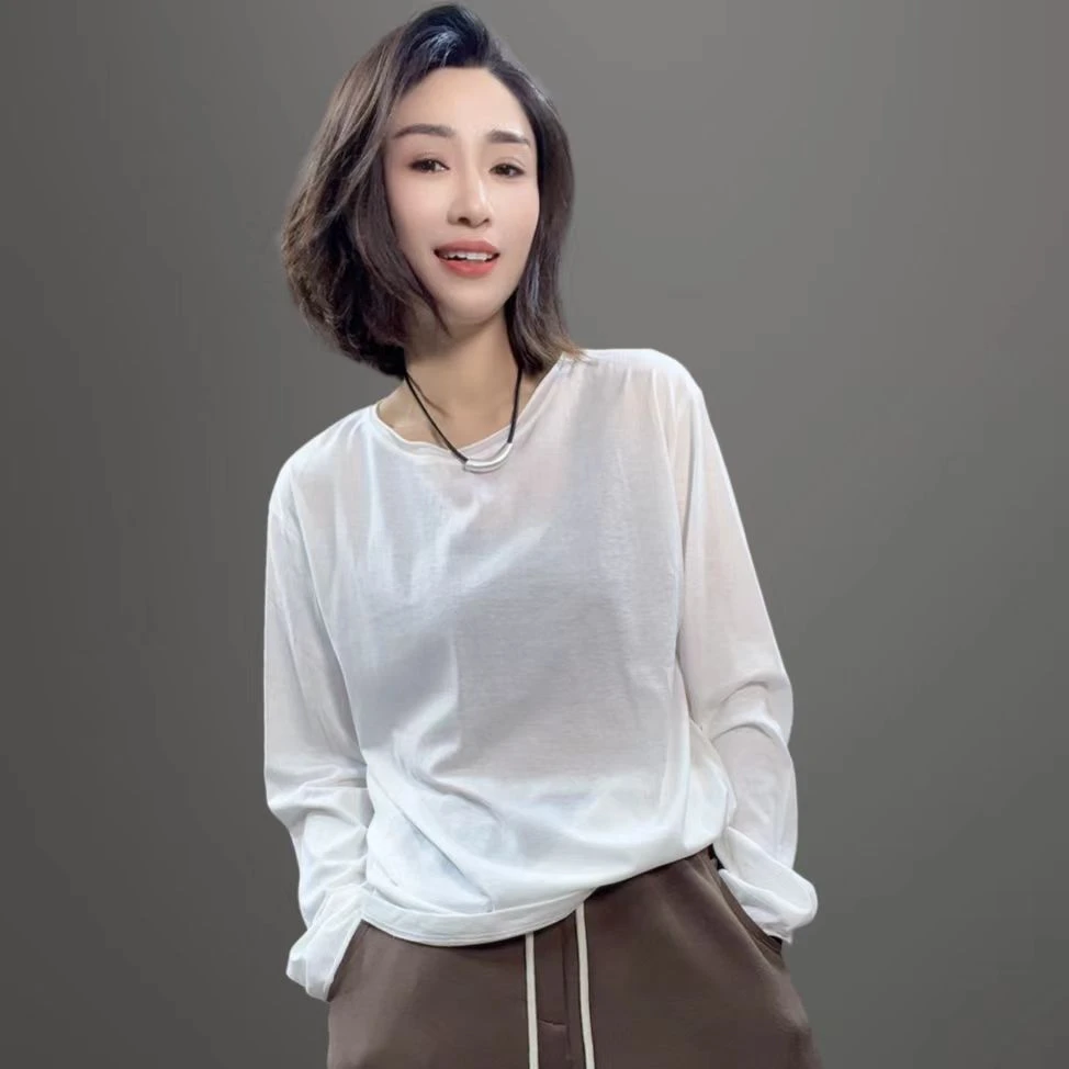 米艺服饰穿搭5060韩系潮流时尚休闲百搭圆领长袖套头打底卷边T恤