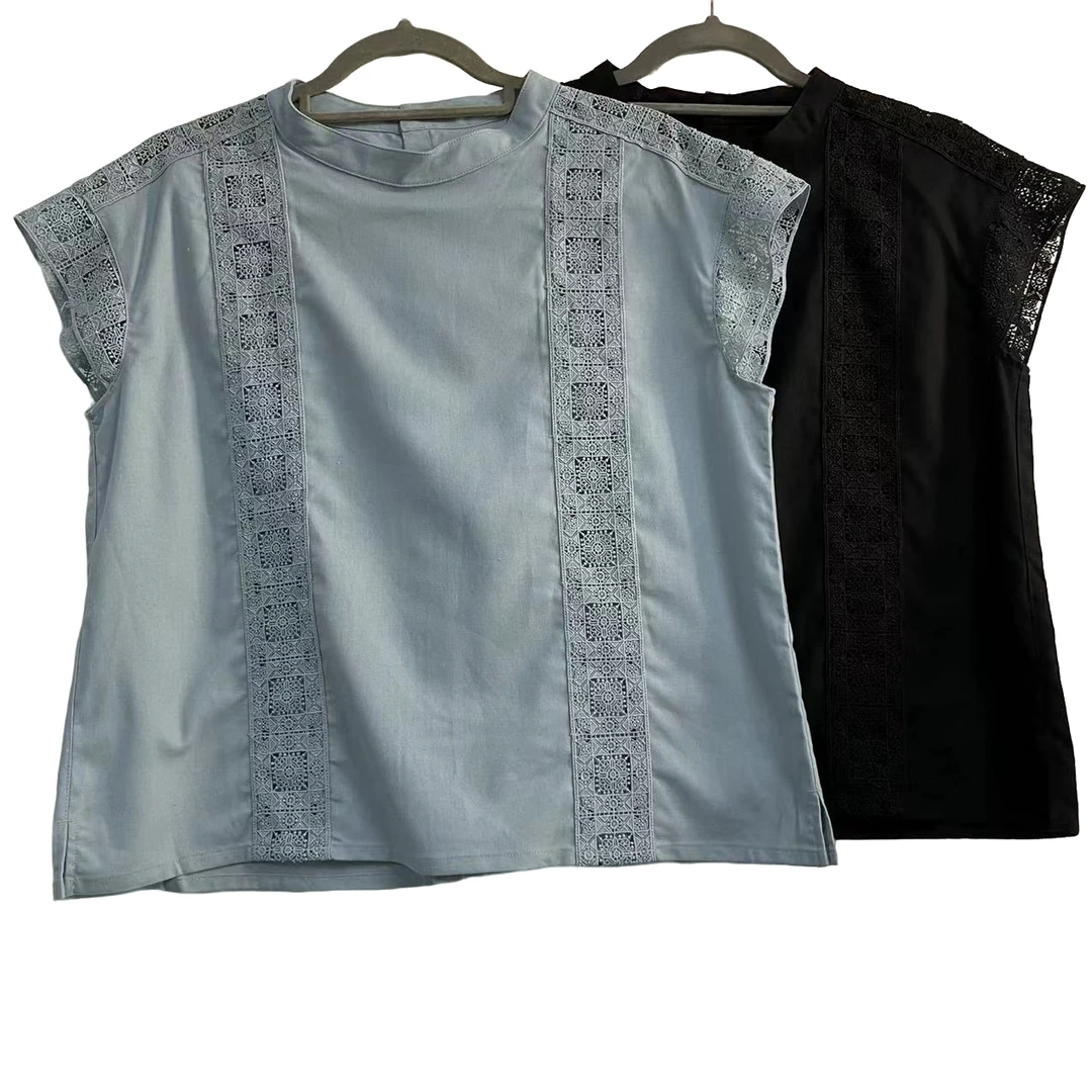 【外贸精品】2502 民族风文艺简约纯色圆领镂空短袖 衬衫