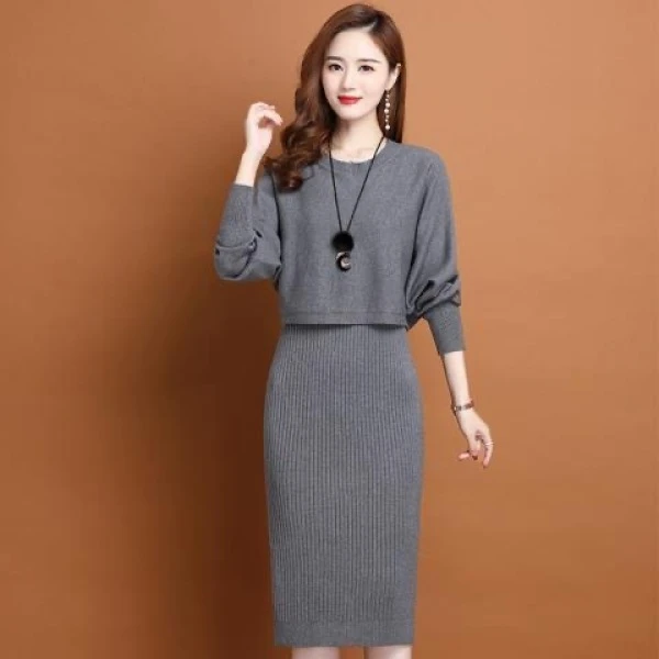 秋冬新款气质毛衣裙2013时尚修身大码两件套针织连衣裙套装打底裙