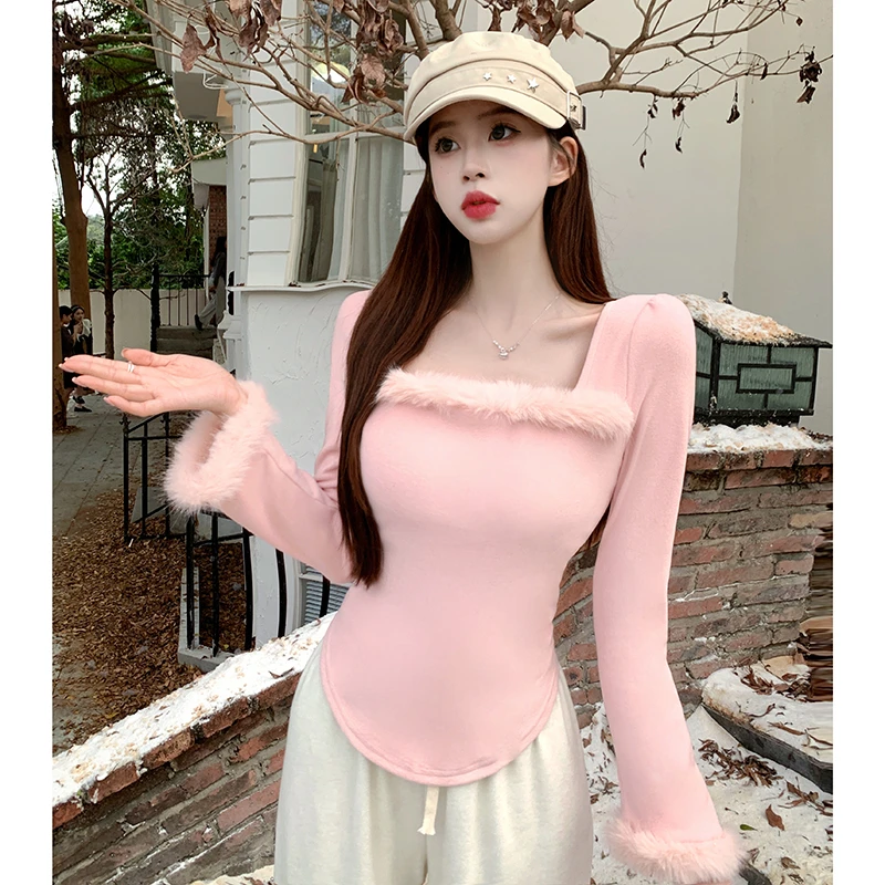 毛毛袖内搭打底衫女秋冬法式纯欲风辣妹修身显瘦百搭软糯针织上衣