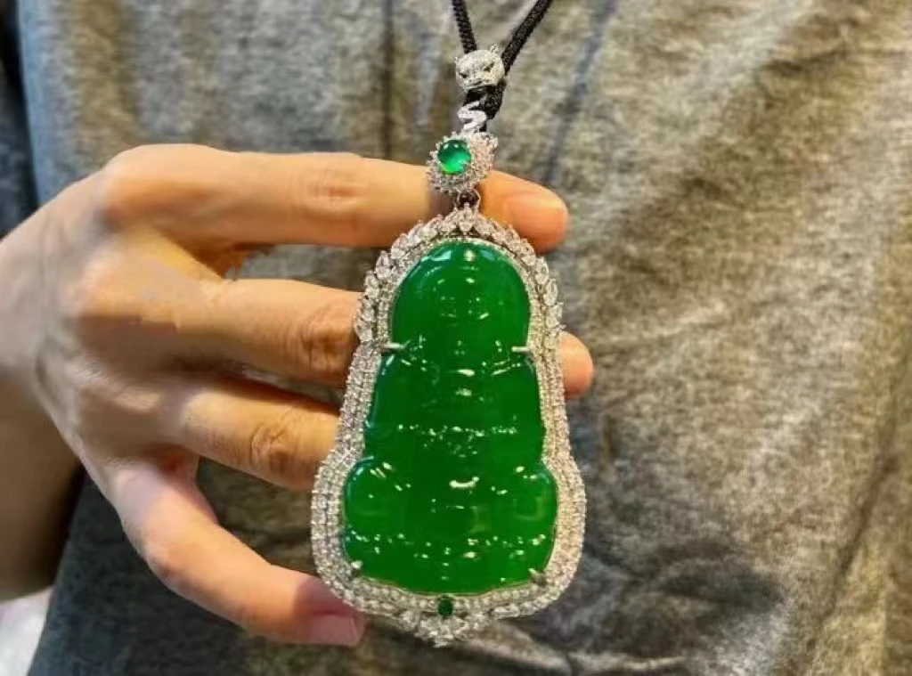 男士玉观音大玉坠观音吊坠保真绿玉髓挂件男款玉佩玉挂件豪华镶嵌