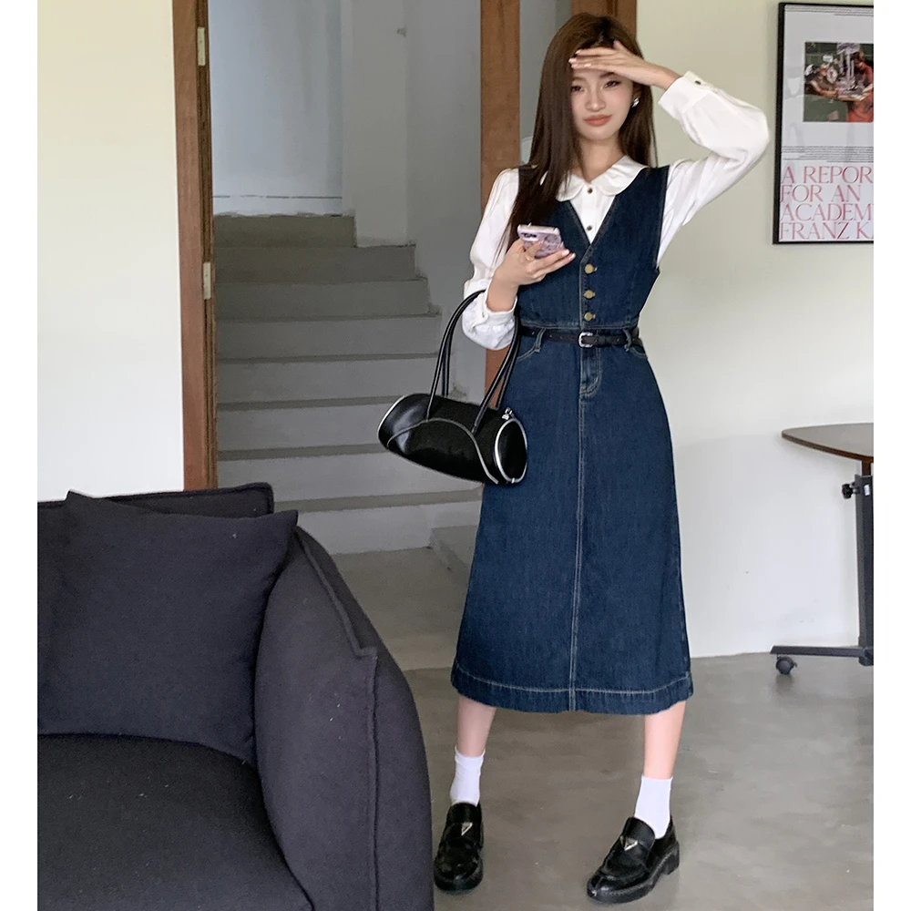 复古V领高腰牛仔裙连衣裙女2023秋冬小个子背心裙子设计感搭衬衫