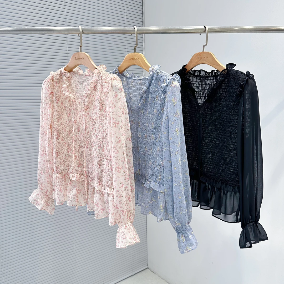 2024飞秒新品《橙花》夏日碎花百搭时尚短款韩版甜美减龄衬衫