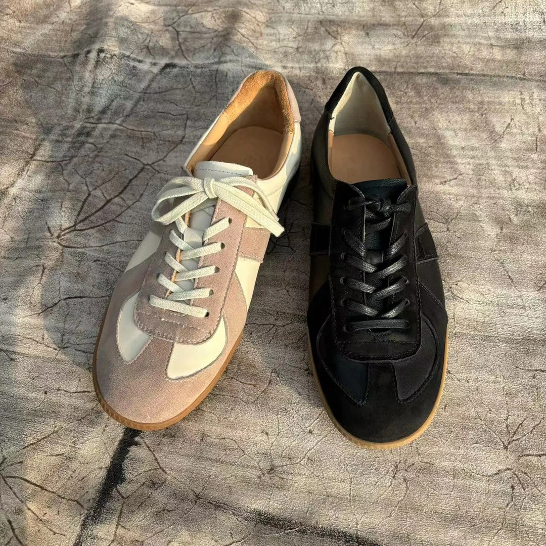 拼色德训鞋里外全皮系带拼色百搭经典做旧舒适透气鞋子复古男鞋