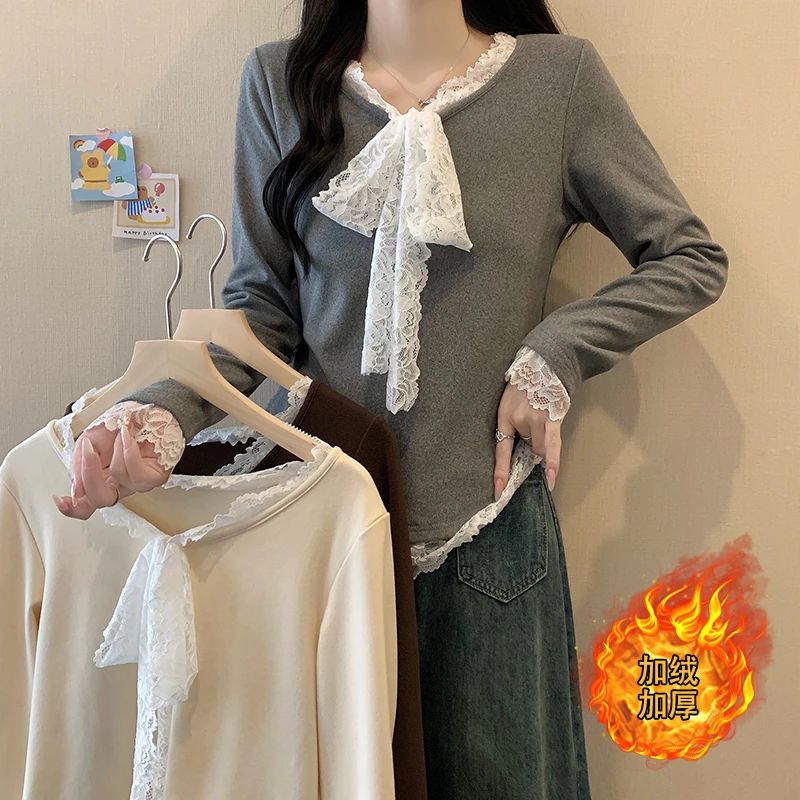 秋冬新款胖mm大码女加绒加厚蕾丝蝴蝶结长袖打底衫T恤20966