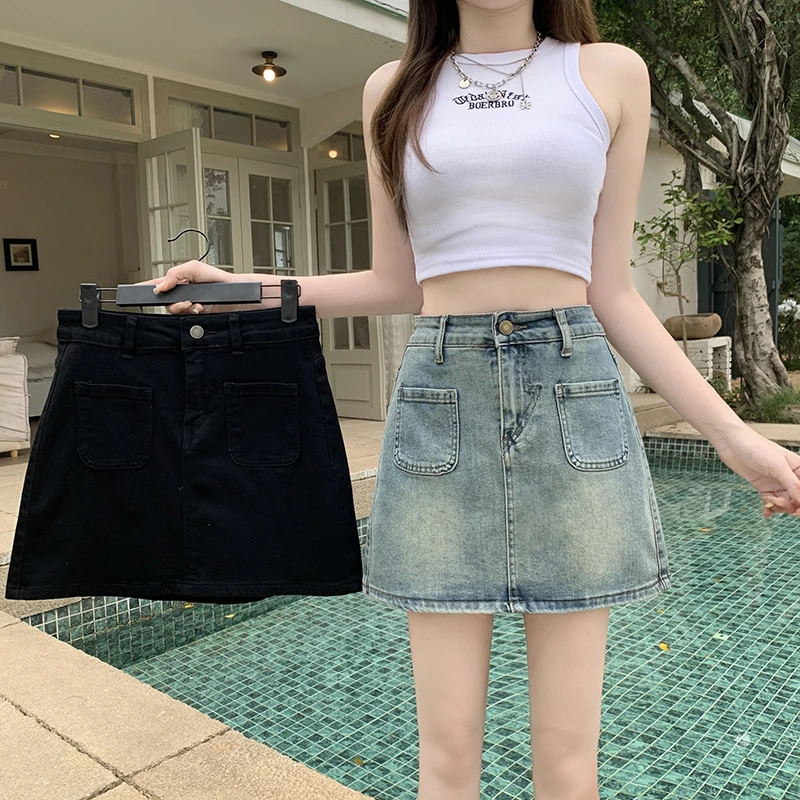 胖mm大码女百搭显腿长贴袋高腰牛仔A字短裙半身裙30155牛仔半身裙