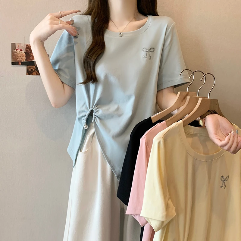 新款胖mm大码女时尚设计感镶钻蝴蝶结不规则短袖T恤19945