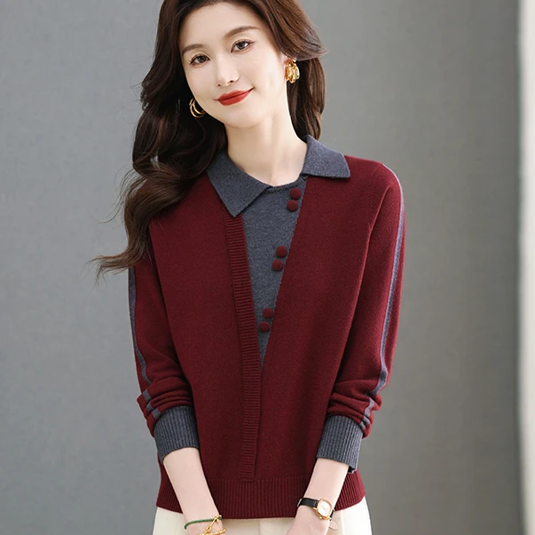 哥弟阿玛施正品假两件打底针织衫女时髦流行时尚洋气羊毛翻领毛衣