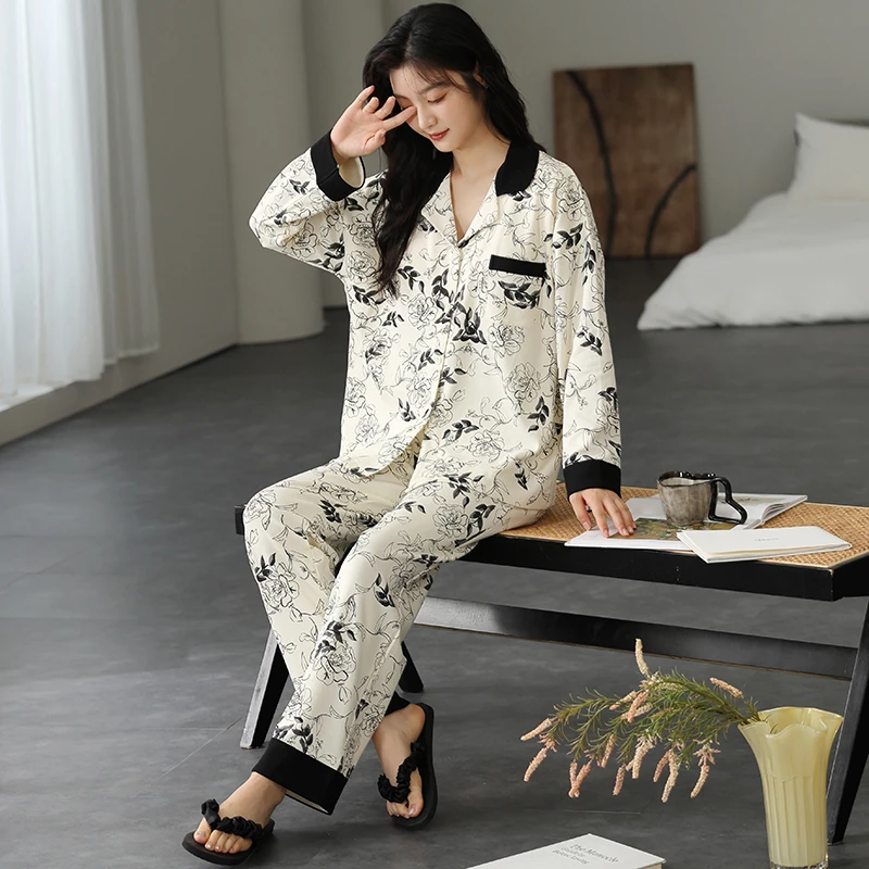 【水墨叶】春秋季纯棉宽松家居服大码休闲长袖长裤睡衣套装66128