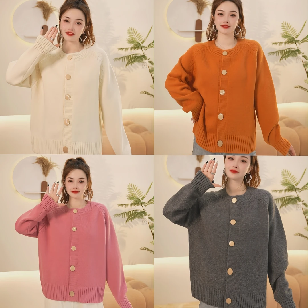 梦丞-大码女装宽松显瘦遮肉时尚百搭秋季减龄宽松立领针织上衣