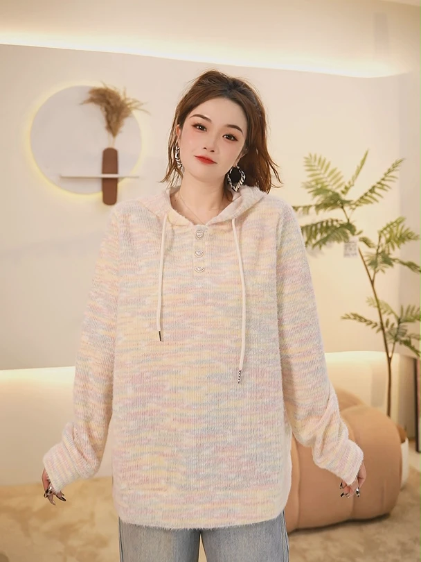 大码女装宽松显瘦遮肉早秋休闲百搭彩虹条纹撞色百搭短款卫衣上衣