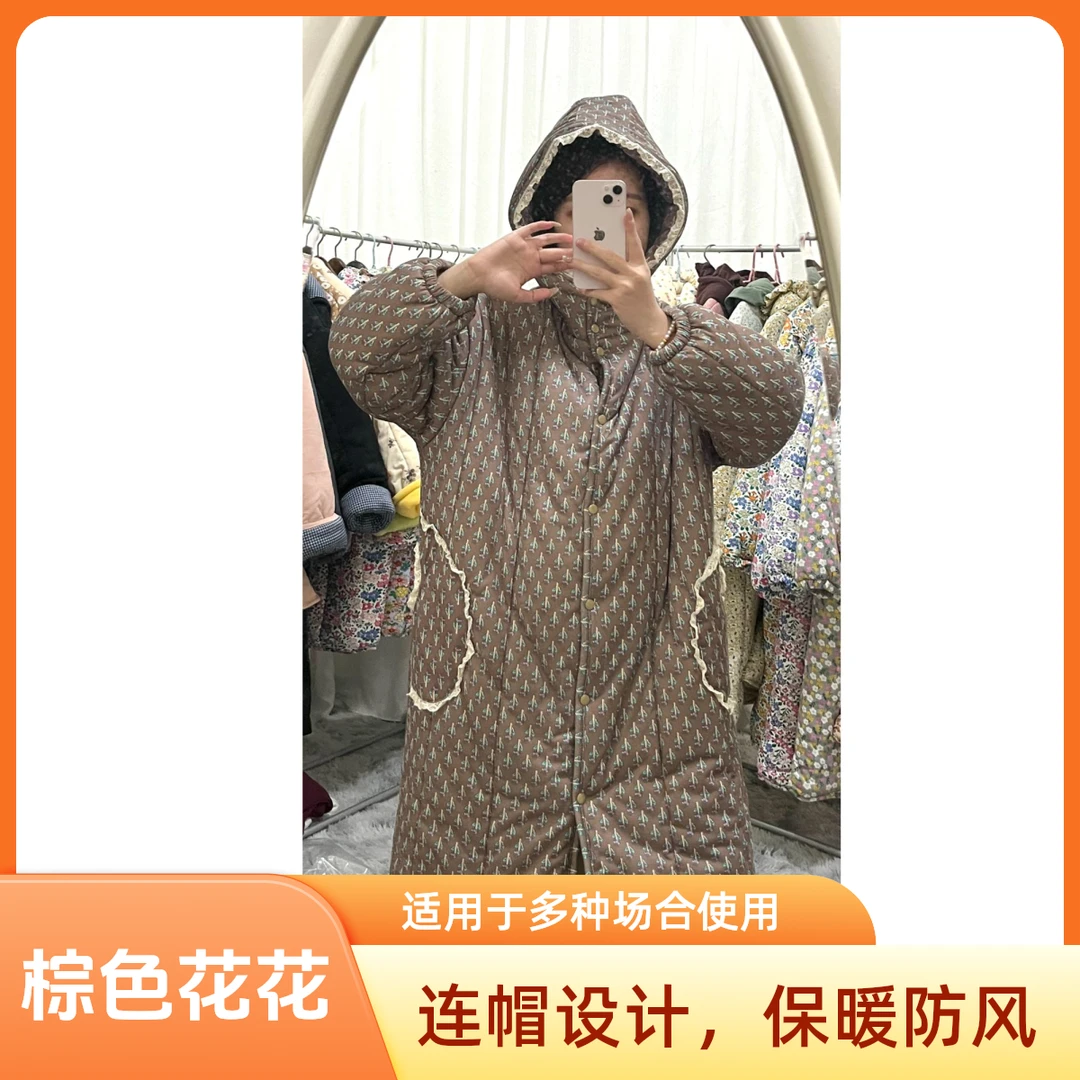新睡衣女款爆款2024棕色花长款花边带帽新款家居服新疆棉宽松长袖