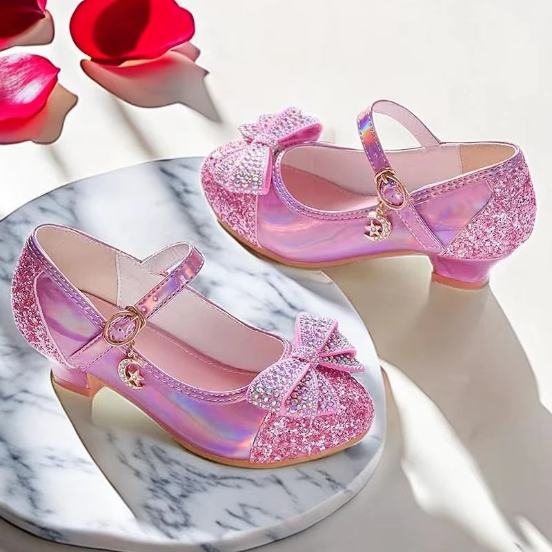 女童鞋舞台水晶鞋粉色爱莎公主鞋新款皮鞋银色模特走秀儿童高跟鞋