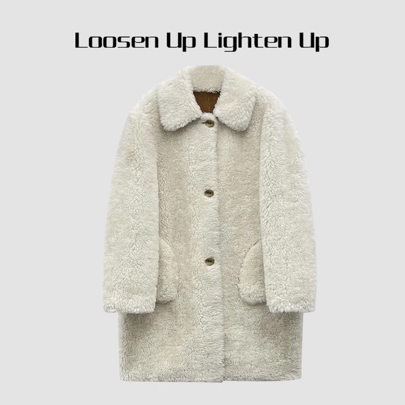 Loosen Up【咩咩羊】进口100%圈圈羊毛复古翻领中长保暖皮草外套