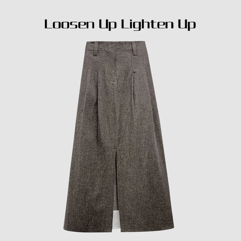 Loosen Up【芝麻酥】知识分子老钱风重磅砂洗棉点纱廓形侧开叉半裙