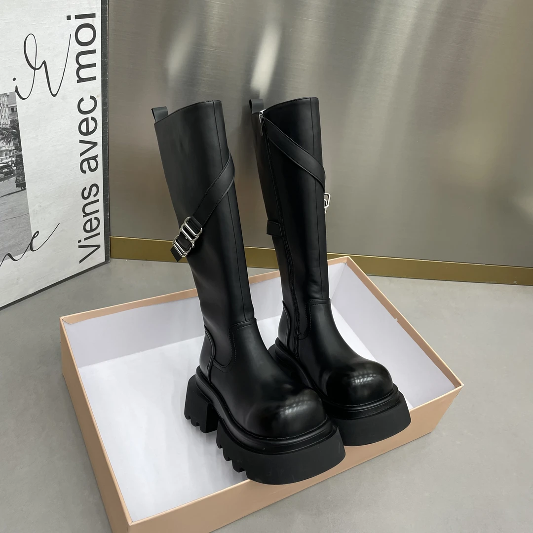 小个子7cm厚底松糕不过膝长靴女骑士靴真皮带扣后拉链高筒靴潮