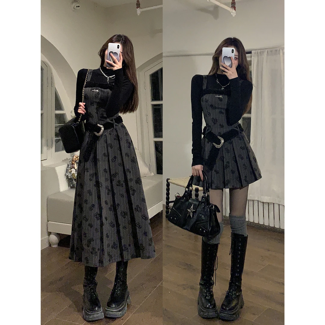 DREAM SEVEN77吊带百褶绣花秋冬高级感连衣裙修身女打底两件套装