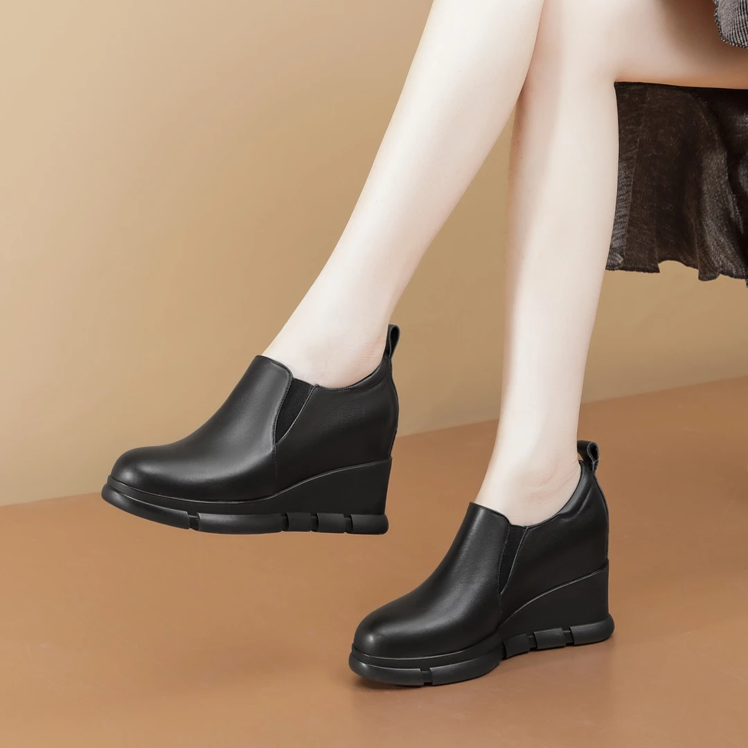 黑色牛皮厚底坡跟单鞋春秋一脚蹬小个子百搭休闲深口内增高女鞋