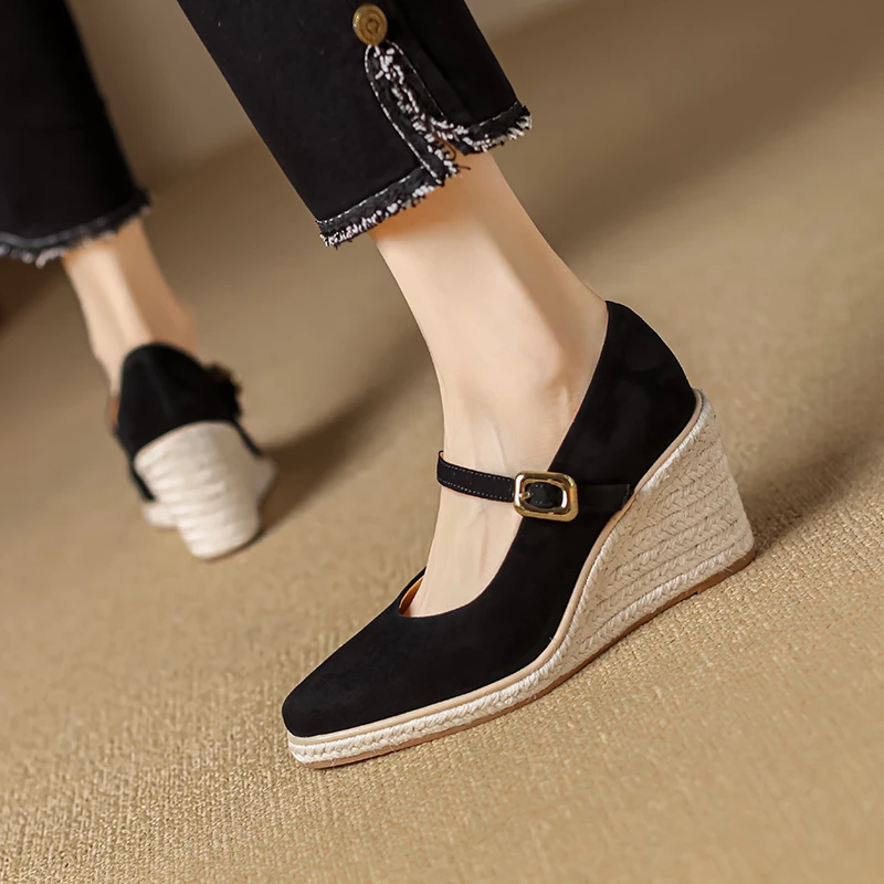 7.5cm小个子厚底高跟坡跟鞋秋季一字扣带浅口玛丽珍真皮舒适单鞋