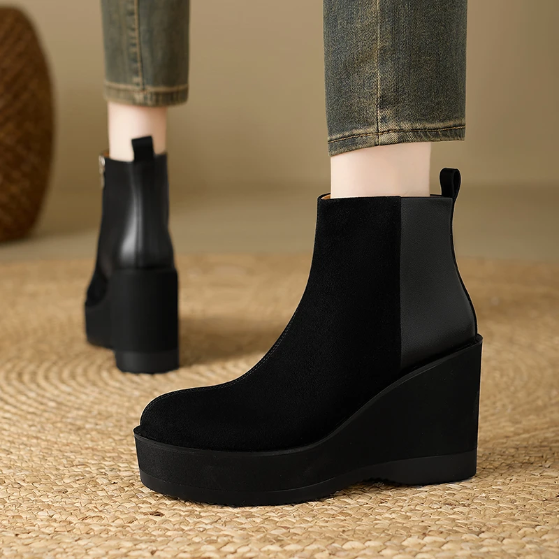 9.5cm百搭高跟厚底短靴女秋冬真皮靴子新款小个子洋气复古坡跟靴