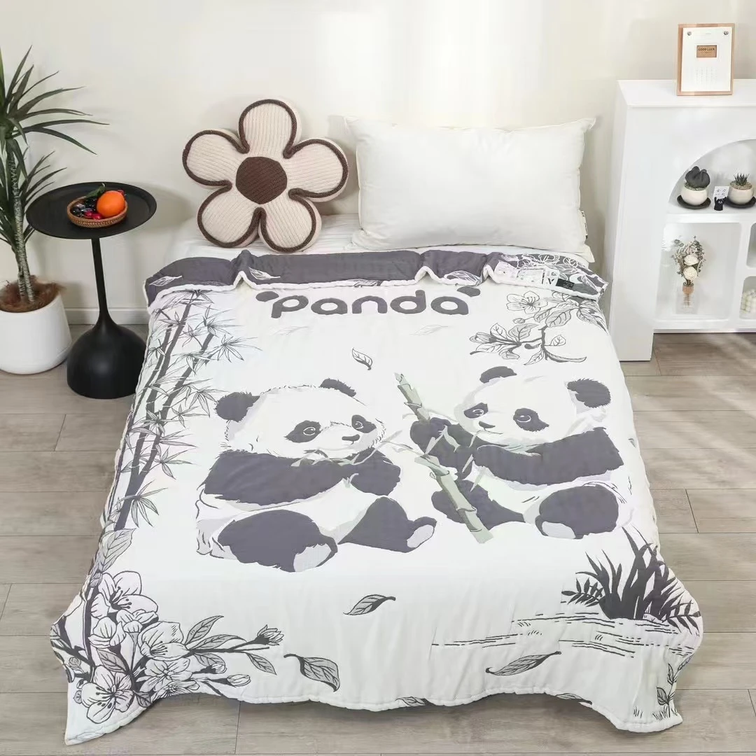 【熊猫灰】150*200cm亲肤透气多层纱布睡毯柔软舒适泡芙毯