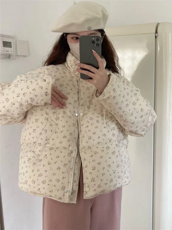 高端羽绒服2024冬季新款韩系宽松田园风小碎花保暖上衣女立领短羽